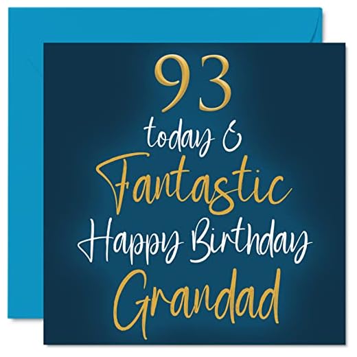 Fantásticas tarjetas de cumpleaños de 93 para abuelo – 93 hoy y fantásticas – Tarjeta de feliz cumpleaños para abuelo de nieto, nieta, abuelo, regalos de cumpleaños de 145 mm x 145 mm