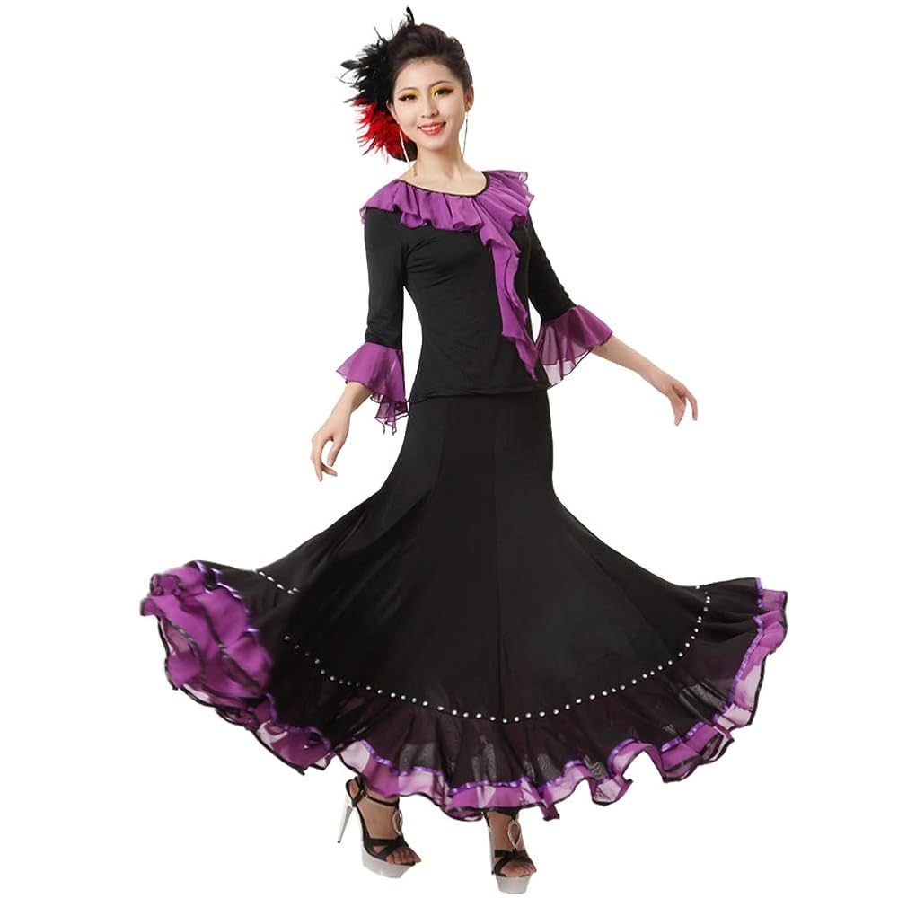 社交ダンススカート 社交ダンストップス 上下セット フリル付き社交