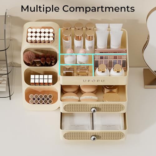 Image of UFORU Makeup Organizer for Vanity with Brush Holder, Large Capacity Bathroom Countertop Skincare Organizer with 2 Drawers, Cosmetic Display Case for Perfumes, Eyeshadow Palettes, Nail Polishes
