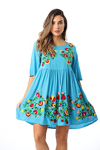 Riviera Sun 21824-Trq-S Rayon Crepe Short Dress With Multicolored Embroidery #TOP1