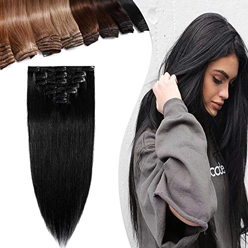Human Hair Clip in Extensions 20 Inch Long 7pcs 15 Clip Remi Hair Clip on Thin Hairpiece Strong Machine Weft 70g Silky Straight Hair for Women Fashion Beauty #1 Jet Black