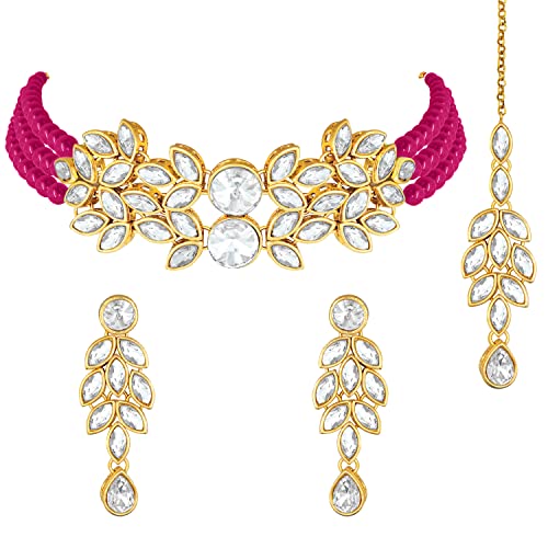 Image of Peora Gold Plated Bridal Crystal Pearl Choker Necklace with Drop Earrings Traditional Jewellery Set for Women