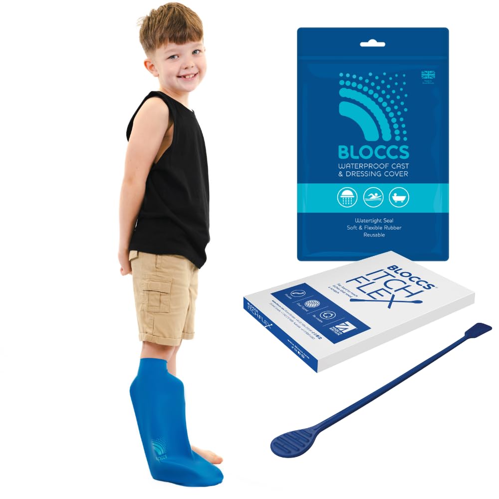 Bloccs Wasserdichtes Bein-Gips-Pflegeset für Kinder (XS) + ItchFlex Gipskratzer – Schutz beim Schwimmen & Duschen