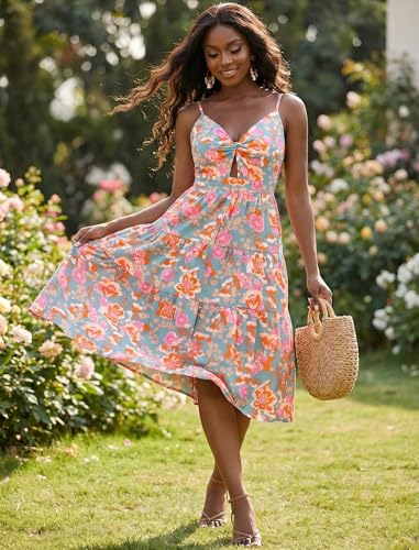 Image of Angashion Women's Dresses-Summer Floral Bohemian Spaghetti Strap Button Down Swing Midi Dress