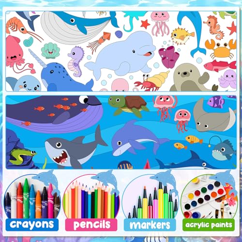 Pacote com 2 pôsteres gigantes para colorir sob o mar, pôster grande de colorir para crianças, criat