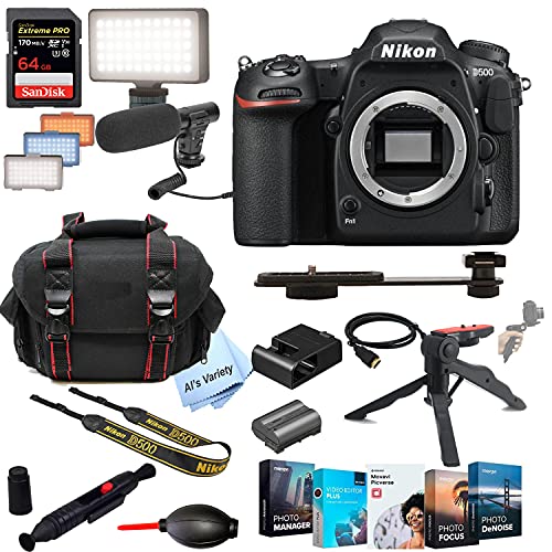 Nikon D500 DSLR Camera Kit Body (No Lens) Built-in Wi-Fi|20.9 MP + Shot-Gun Microphone + LED Always on Light+ 64GB Extreme Speed Card, Gripod, Case, and More (26pc Video Bundle)