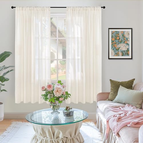 Image of BGment Ivory Linen Curtains 63 Inches Long for Living Room - Semi Sheer Light Filtering Drapes with Rod Pocket Textured Lightweight Window Treatments for Bedroom, 2 Panels Set, Each 52 Inch Wide