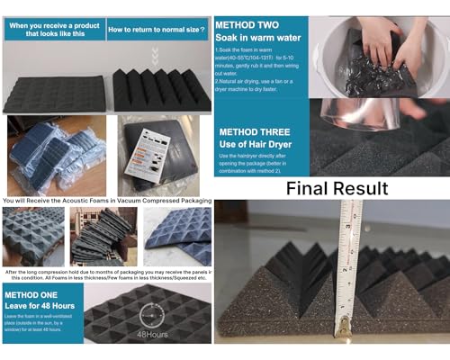 Image of Pyramid Acoustic Foam Panels (Pack of 108) - Compressed Packing - 12 inch X 12 inch X 2 inch, 38 Density | Acoustical Soundproofing for Studio, Theater etc | Echo & Reverb Absorption (Charcoal Black)