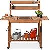 Best choice products mobile garden potting bench outdoor wood workstation table wsliding tabletop 4 locking wheels food grade dry sink storage shelves brown  urban country home decor