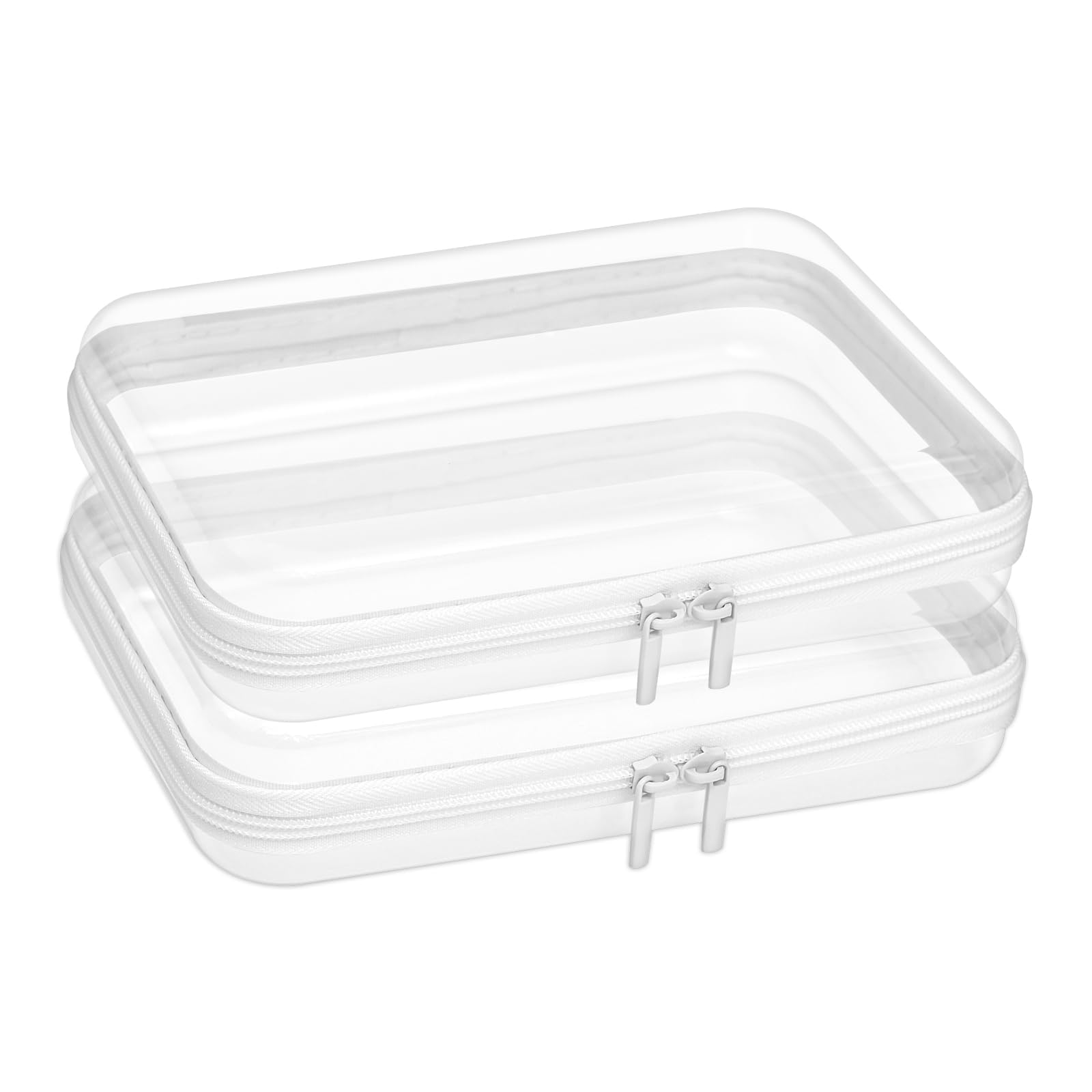 2Pcs Clear Hard Shell Zipper Cases Transparent Waterproof Toiletry Toys Bags Double Zippered Pencil Case for Travel Makeup Tools Building Blocks Toiletries (L)