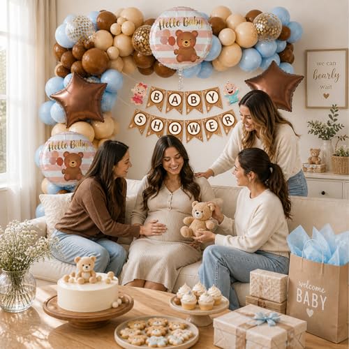 Image of Rozi Decoration Baby Shower Decoration Kit for Boy Girl, 58 Pcs Balloon Set with Teddy Bear Moon Foil Balloons, Baby Shower Banner for Welcome Prince Party Decoration
