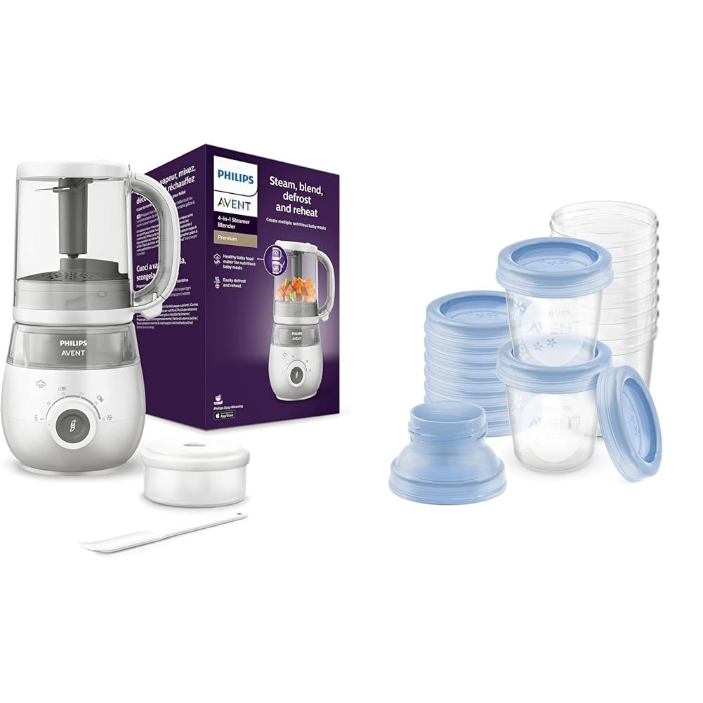 Set aus AVENT 4-in-1 Dampfgarer mit Mixer Premium, Babynahrungszubereiter, spülmaschinenfest, Modell SCF883/01 + Philips AVENT Aufbewahrungssystem für Muttermilch (Modell SCF618/10) 4-in-1 Dampfgarer mit Mixer + Aufbewahrungssystem