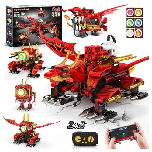 HOGOKIDS Jouets de Construction 5 en 1 Dragon Robot avec 6 Couleurs et 5 Effets Lumineux - Ensemble de 354pcs de Robots télécommandés et contrôlés par Application,...