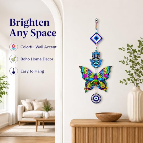 Image of Religious Door Hanging Decor with Pearl Beads & Tassel, Wooden Wall Hanging for Home Temple, Pooja Room, Entrance, Mandir Decoration & Spiritual Gift, Multicolor Butterfly