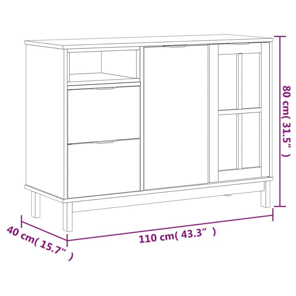 Komoda ze szklanymi drzwiami FLAM 110 x 40 x 80 cm, lite drewno sosnowe, salon, korytarz, jadalnia, solidne wzornictwo, miejsce do przechowywania, drewniane nogi, drzwi drewniane i szklane