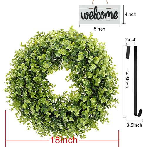 Huadanbor 18" Wreath, Artificial Boxwood Wreaths For Front Door, Including Welcome Sign And Wreath Hanger, For Spring Summer Autumn And Winter, Indoors,Outdoors, Corridors, Offices. (Green) #TOP2