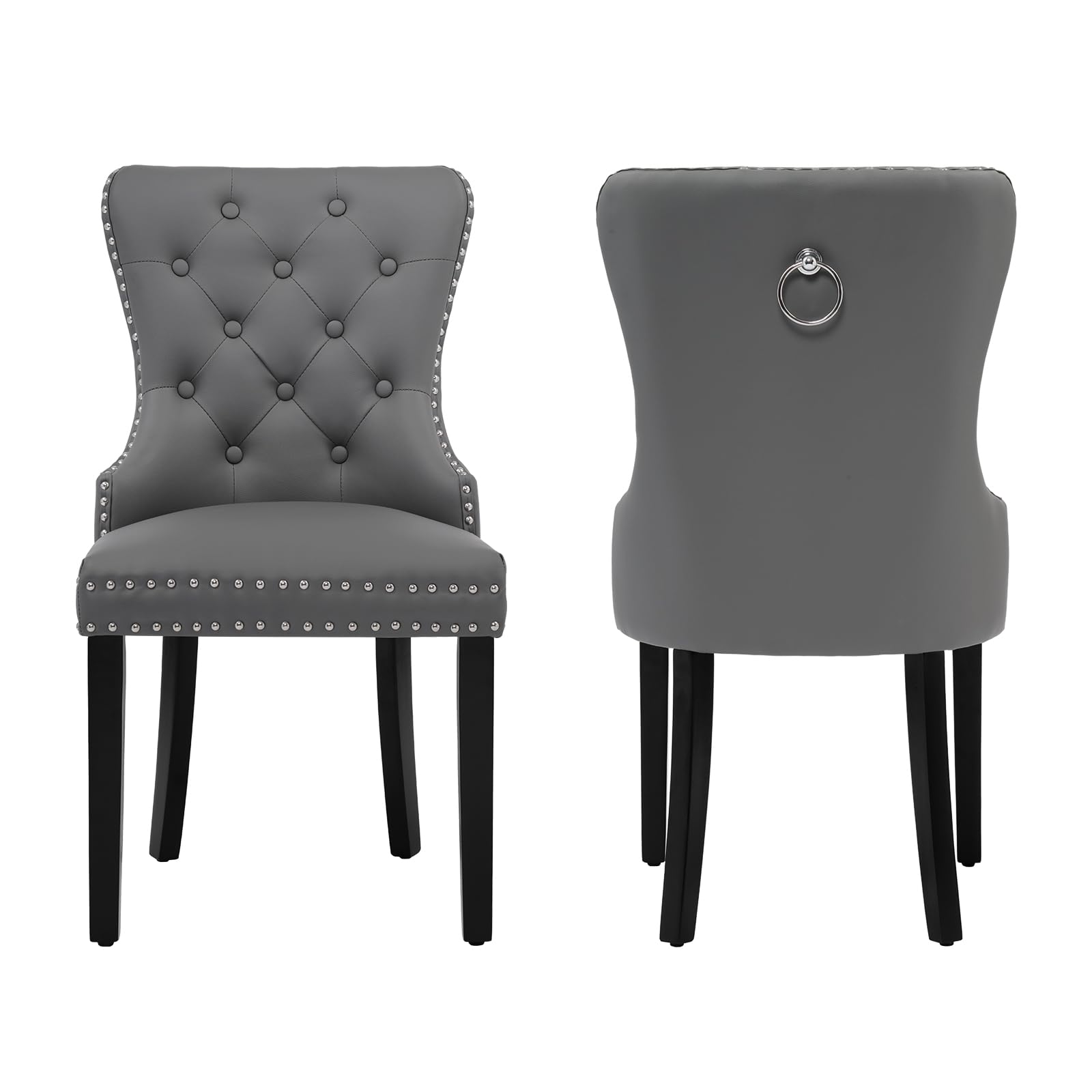 adochr PU Leather Dining Chairs Set of 2, Tufted Upholstered Dining Room Chair with Pull Ring and Solid Wood Legs, Grey