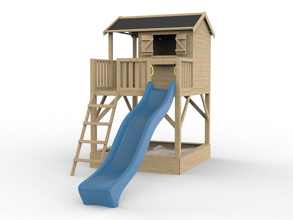 Stelzenhaus Funny XXL | 201x188x303 cm | KDI Kiefernholz | Mit Sandkasten & Blauer Rutsche | Veranda, Balkon & 150 cm Podest | Kinder Outdoor Spielhaus