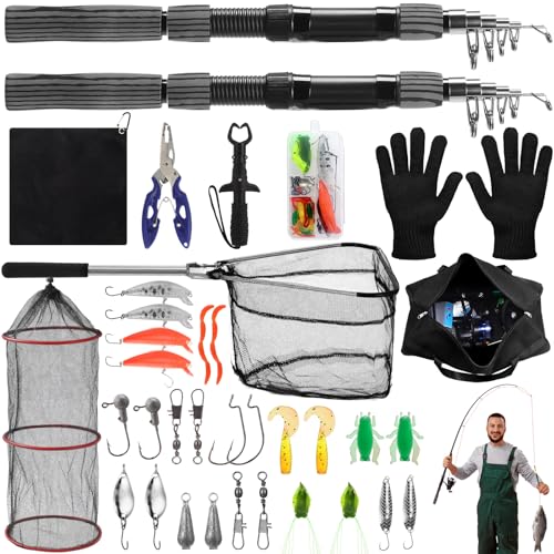 LaRandom 51 Pcs Christmas Fishing Pole Combo 6.89ft Telescopic Rods Set Collapsible Fishing Rods with Plier Lip Gripper Lures Carrier Bag Pre Loaded S