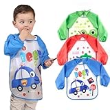 BabyGo Long Sleeve Baby Bibs | Washable Waterproof Feeding Smocks for Toddlers 6–24 Months, Full-Sleeve Apron Bibs, Durable, Easy-to-Clean, Comfortable & Reusable Baby Bibs | Pack of 3 (Multicolor)
