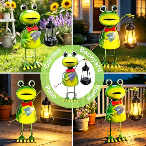 Image of VOOKRY Solar Frog Garden Statue with Lantern,Metal Frog Solar Light Outdoor | Waterproof Garden Decor Stake for Yard Patio Lawn, Garden Gifts for Mom Women Grandma, Mothers Day