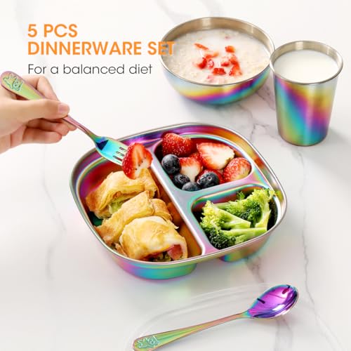 AIEVE Stainless Steel Kids Plates and Bowls, 5 Pcs Kids Dinnerware Set Includes Stainless Steel Toddler Plate with Lid, Utensils, Cup and Bowl