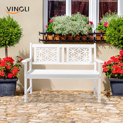 Image of VINGLI 47 inch Outdoor Wood Bench, All Weather Outdoor Wooden Patio Garden Bench, Outside Loveseat 660lbs Capacity for Front Porch Park Entryway (White)