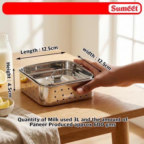 Image of Sumeet Stainless Steel Square Shape Paneer /Tofu /Sprout Maker /Mould /Press, Easy and Perfact for Home Made Healthy Paneer, 12.5cm Dia, 600gms Paneer from, 3 liter Milk, Silver