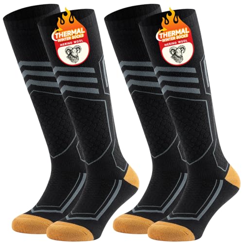 TANSTC 2 Pares Calcetines Invierno Altos de Compresión 43-46 Calcetines de Esquí de Lana Merino para Hombre Mujer Jóvenes Calcetines Termicos Frio Extremo Para Snowboard Pesca Cámping, Negro