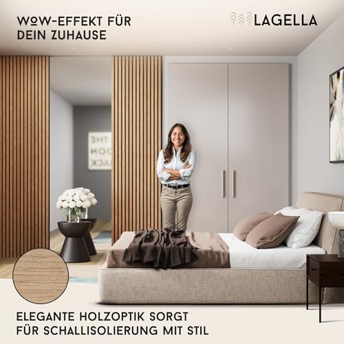 LAGELLA ® - Akustikpaneele 2er Set 120cm x 60cm (240cm x 60cm) - Hochwertige Holz Wandpaneele - inkl. Schrauben - Lamellenwand mit Filz Schalldämmung für Wohnzimmer, Büro, Garderobe (Oak-Eiche)