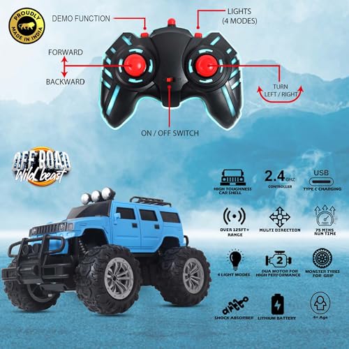 Image of popsugar Off Roader Rechargeable Remote Control Monster Truck with 4 Headlight Modes | Lithium Battery | C-Type Charging | Remote Control Car for Kids | Made in India, Sky Blue