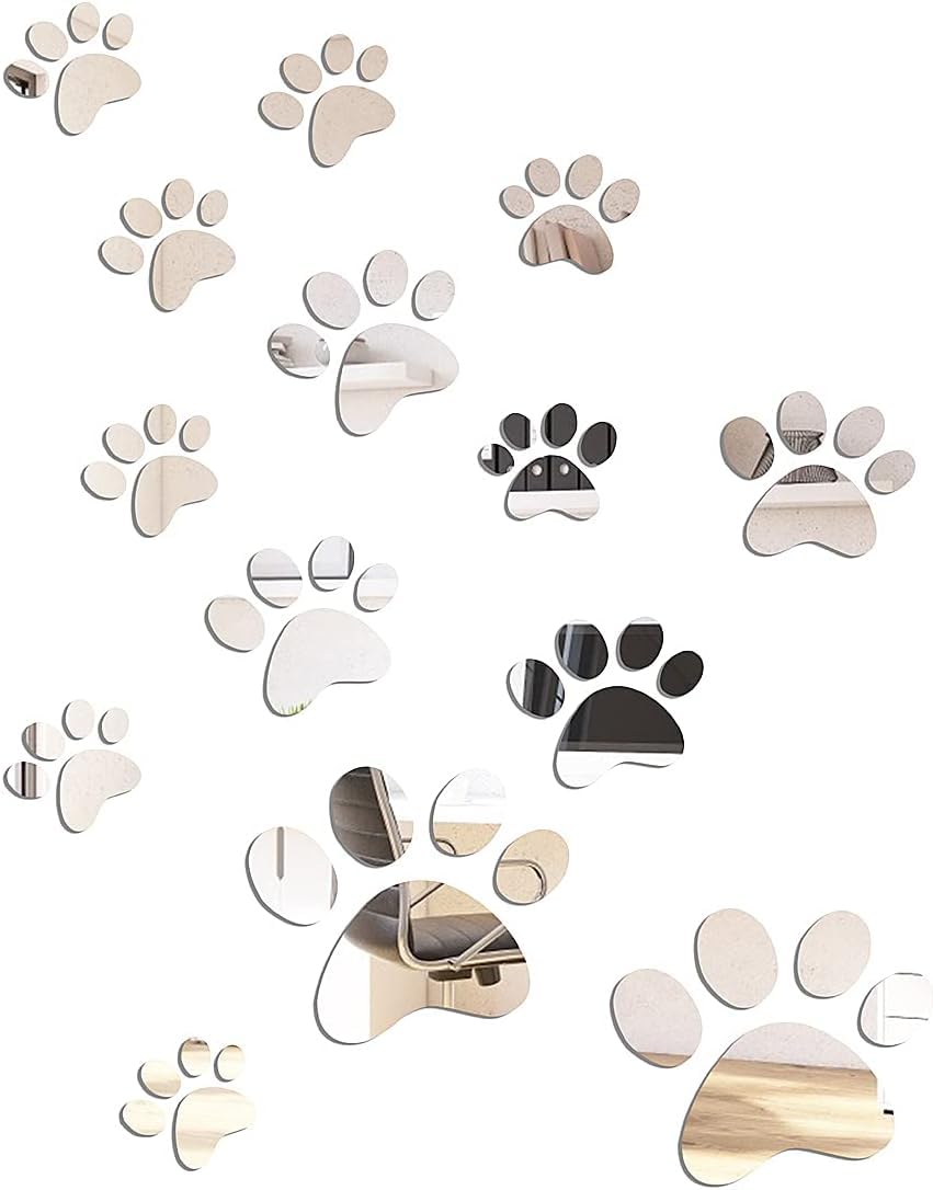 14 Pieces Paw Mirror Wall Stickers DIY Acrylic Paw Stickers 3D Dog Footprints Decals for Living Room Bedroom Room Art Decor