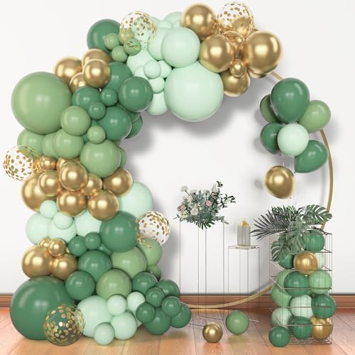 BlueCloudy 153 unidades Kit de arco de grinalda de balões verde sálvia, tamanhos diferentes 45 30 25 12 cm, balões de látex verde sálvia ouro metálico com confetes para decorações de aniversário festa