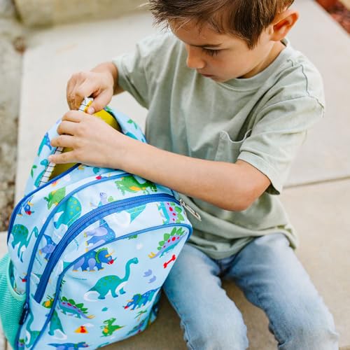 Image of Wildkin 15 Inch Backpack for Kids, Dinosaur Land | Ages 5-10, padded straps, side water bottle pocket - coordinates with matching Wildkin lunch boxes and water bottles