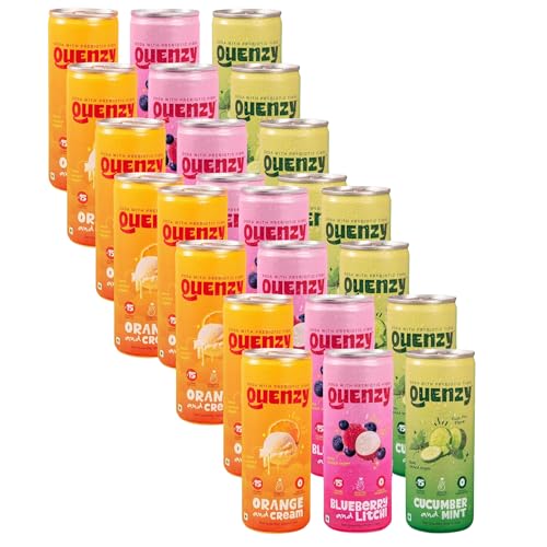 Image of Quenzy Prebiotic Soda Variety Pack - Mixed Flavours (Pack of 24 x 250ml) | 5g Prebiotic Fibre for Gut Health | Low Calorie Soda (<15 kcal) | No Added Sugar | Zero Preservatives | Healthy Sparkling Drink