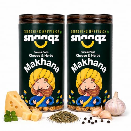Image of SNAAQZ Cheese & Herbs Roasted Makhana | Savory & Crunchy Foxnut Snack | Rich Cheese Flavor with Aromatic Herbs | Gluten-Free |Roasted, Not Fried | High Protein | Healthy Superfood Snack (pack of 2)