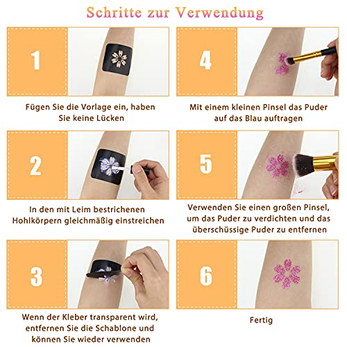 Glittertattooset, tijdelijke glittertattooset, 36 kleuren, grote en 160 sjablonen voor kinderen, tieners en volwassenen - Image 6