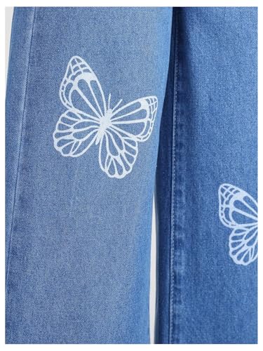 Floerns Girl's Butterfly Print High Waist Wide Leg Jeans Baggy Denim Pants3