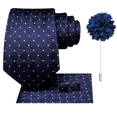 Image of Hi-Tie Men Silk Ties Set with Flower Lapel Pin Necktie Pocket Square Cufflinks for Tuxedo Wedding Business