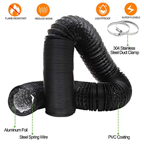 3 Inch Flexible Duct Hose 16 Feet Non-Insulated Aluminum Dryer Vent Hose Noise Reducer Pvc Air Hose For Hvac Ventilation, Inline Duct Fan, Black (2 Clamps Included) #TOP2