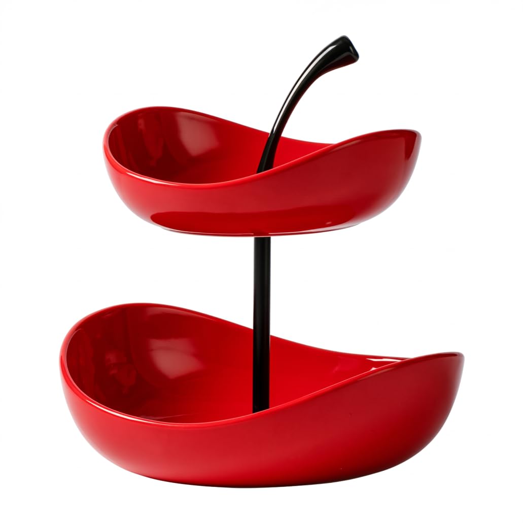 Alzata per frutta Cestino per frutta in ceramica a 2 livelli con manico in ceramica, rosso