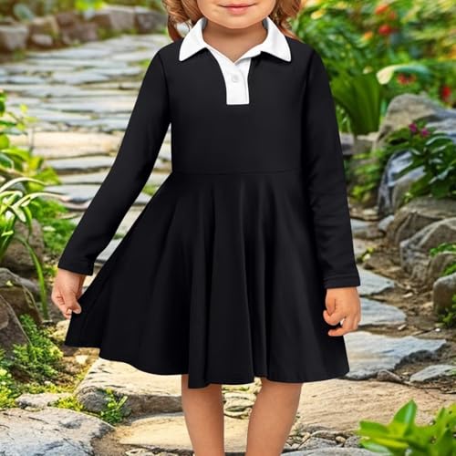 AmzPrint Girls Long Sleeve Dress Fit and Flare A Line Midi Swing Pleated Flowy Polo Dress for Girls 3-16 Years4