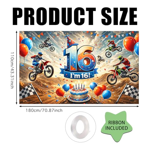 Image of Nuxovilar Happy 16th Birthday Banner Backdrop 71 inchx43 Polyester | Celebrate Party Supplies, Celebration Decor. Dirt Bike Birthday Party Decorations. Yard, Garage, Room. (Dirt Bike 16th)