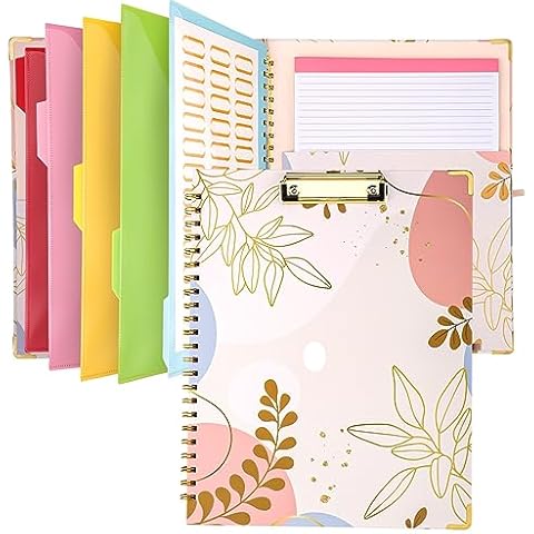 Cute Clipboard Folio with Notepad and Pocket, YWDUOYING Clipfolio with Elastic Closure and Pen Loop, Spiral Clipboard Folder Design for School, Office, Work, Teacher, Students, Nurses (Gold Leaves) Cover