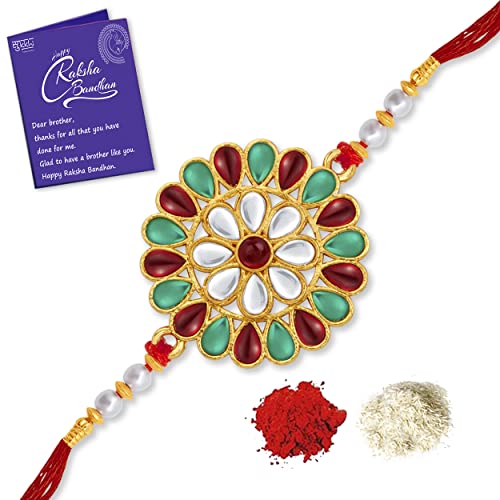 Sukkhi Rakhi Festive Kundan Designer Gold Plated Premium Rakhi for Brother With Roli Chawal & Greeting Card | Rakhi for Bhaiya | Rakhi for MEN | Kundan Rakhi | (RAK104480) (B0B6394ML4) Amazon Price History, Amazon Price Tracker