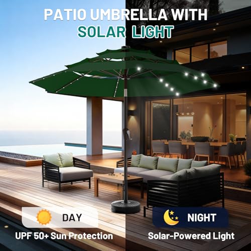 Image of AreShark 9ft 3 Tiers Patio Umbrella with Solar Lights, Outdoor Umbrella w / 32 LED Lights&8 Sturdy Ribs, Table Umbrella for Deck, Backyard, Pool (Dark Green)