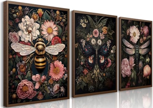 3Pcs Dragonfly and Bee Floral Wall Art Gothic Dark Insect and Plant Wall Decor Vintage Dark Preppy Posters Canvas Prints Painting Picture for Bathroom Bedroom 12x16in Unframed
