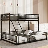 SOFTSEA Twin XL Over Queen Bunk Bed, Heavy-Duty Metal Bunk Bed with Safety Guardrails and Ladder for Kids Teens Adults, Space-Saving Floor Bunk Beds, Noise Reduced, Black
