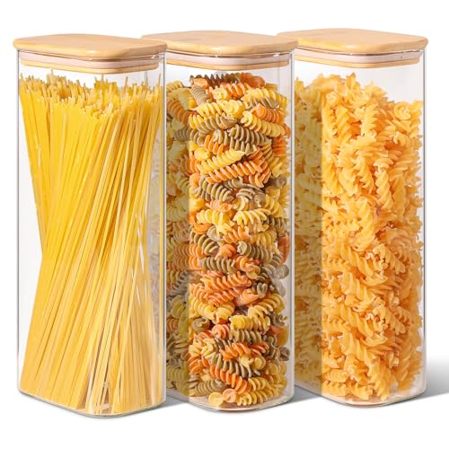 ComSaf - ComSaf 2.1L Rectangle Glass Storage Containers with Lids, Glass Jars with Bamboo Lids, Clear Food Storage Jar, Tall Spaghetti Container, Pantry Storage Container for Pasta Flour Oats Nuts Rice