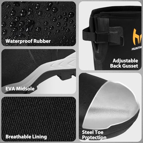 Rubber Work Boots for Men with Steel Toe, 1100N Puncture-Proof Hunting Boots with 7mm Neoprene Waterproof and EVA Midsole, Adjustable Back Gusset, Ideal for Hunting, Work, and Farming Size 7-144